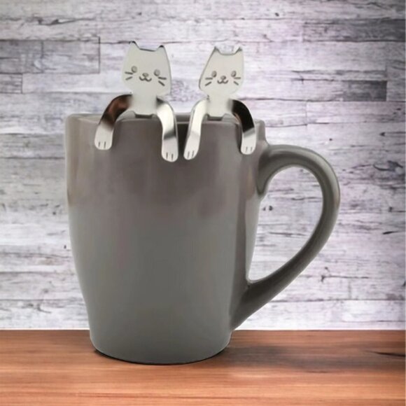 Cat Spoons Tea Spoons Stirrers Cup Hugging Kitty Cats Stainless Black 2 PC Set - Picture 14 of 14